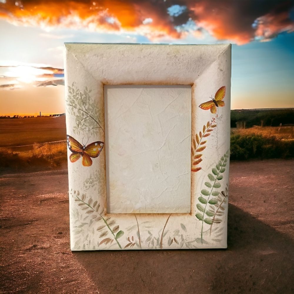 Butterfly Paper Mache' Photo Frame Cottagecore Fairy Garden Vintage 90s Painted.